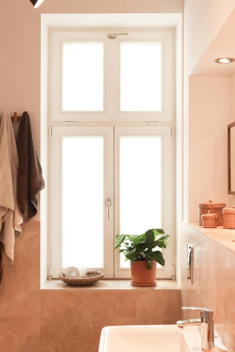Salle de bains claire avec une fenêtre à petits bois, une plante et des serviettes